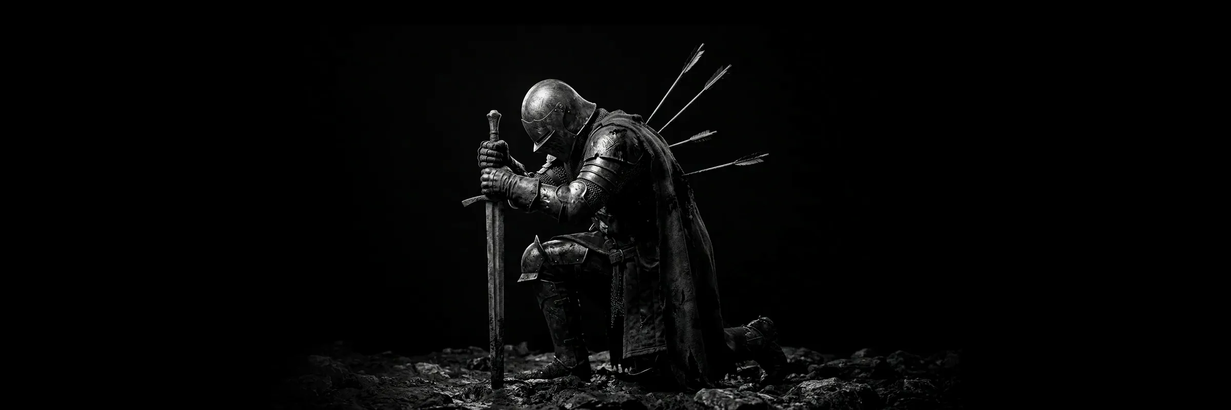 Warrior in armor waving a white flag