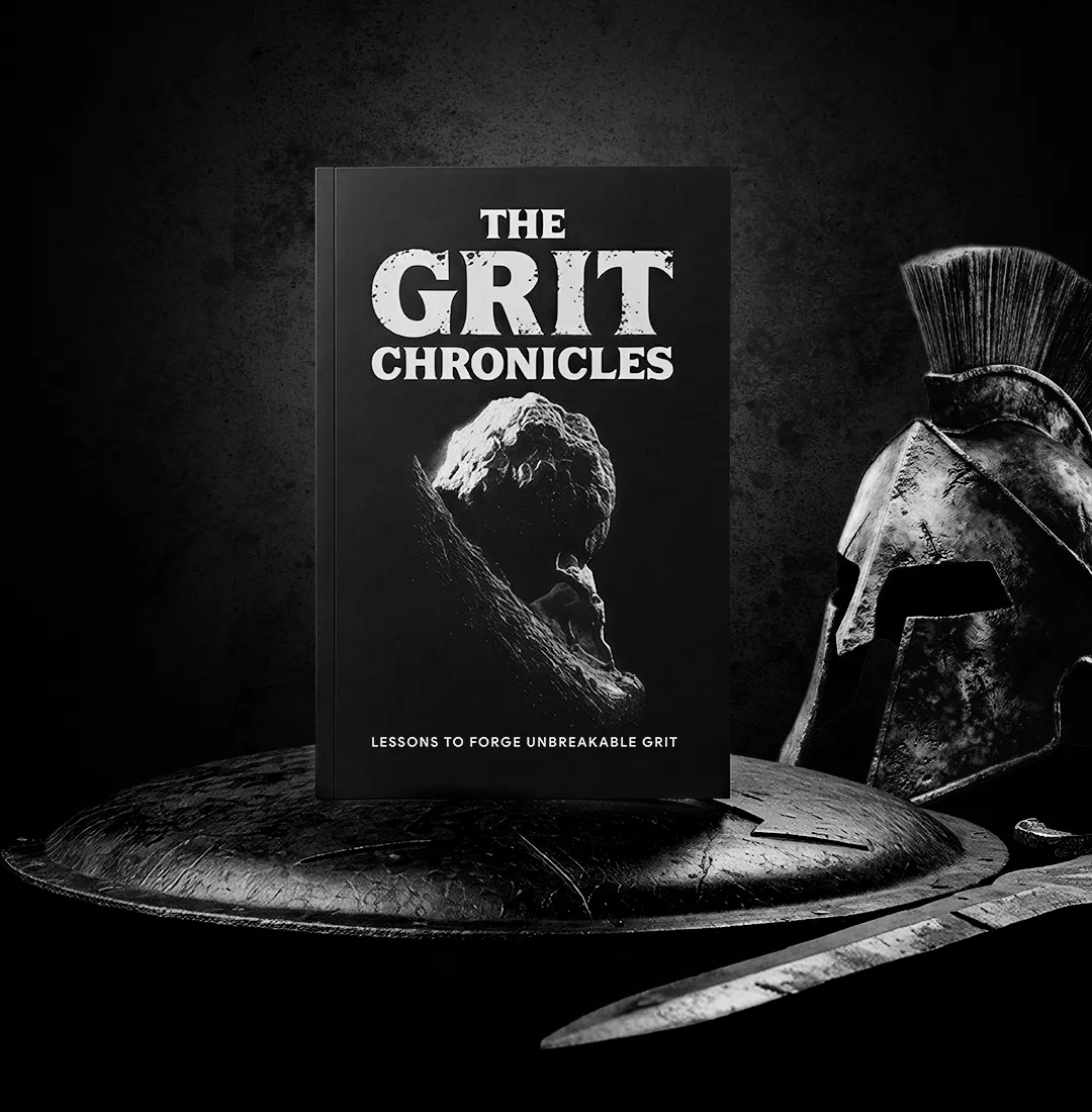 The Grit Chronicles book standing on a Spartan shield beside a helmet and sword